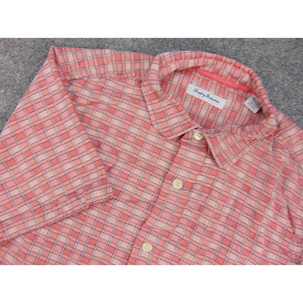 Tommy Bahama Shirt Mens XL Pink Plaid Casual Tropical Beach Vacation Resort